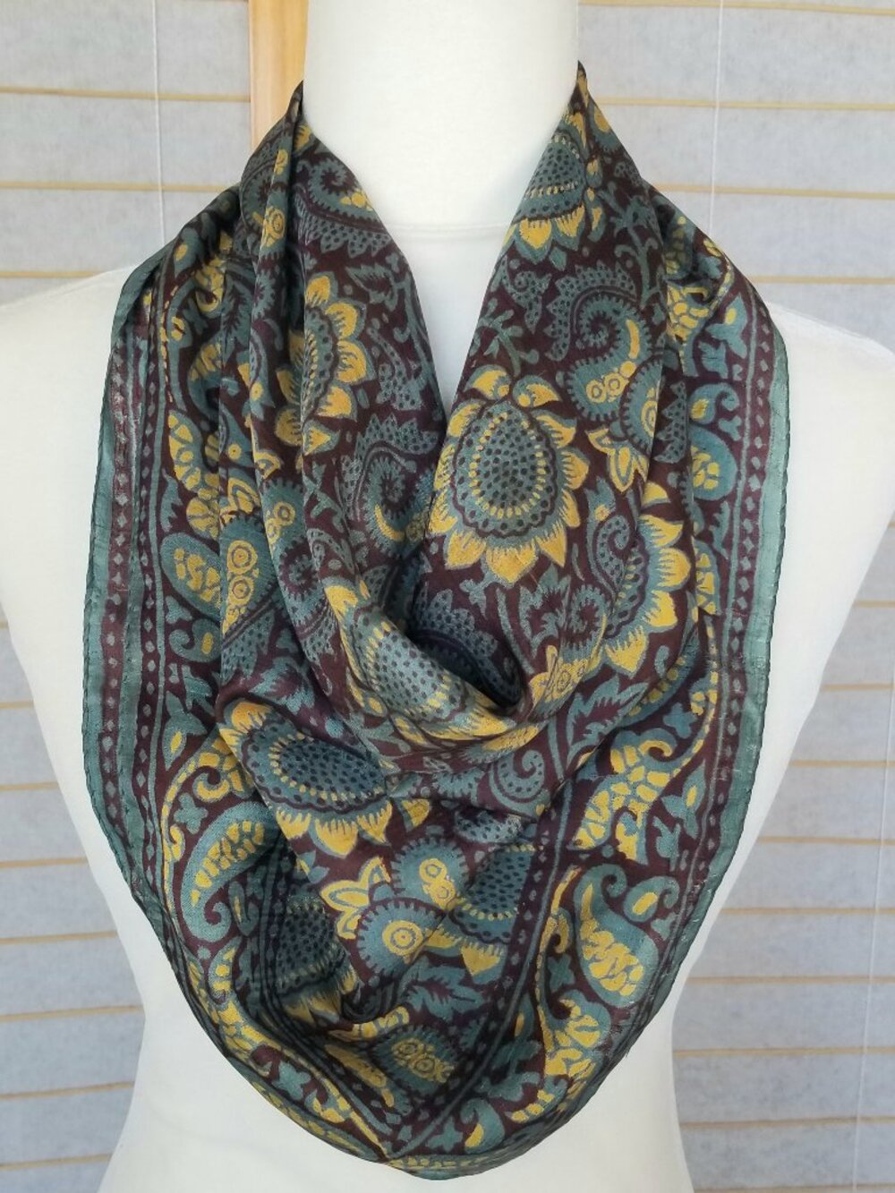 Large Silk Scarf 30" Square Slate Blue Cocoa Gold Abstract Sunflower Print